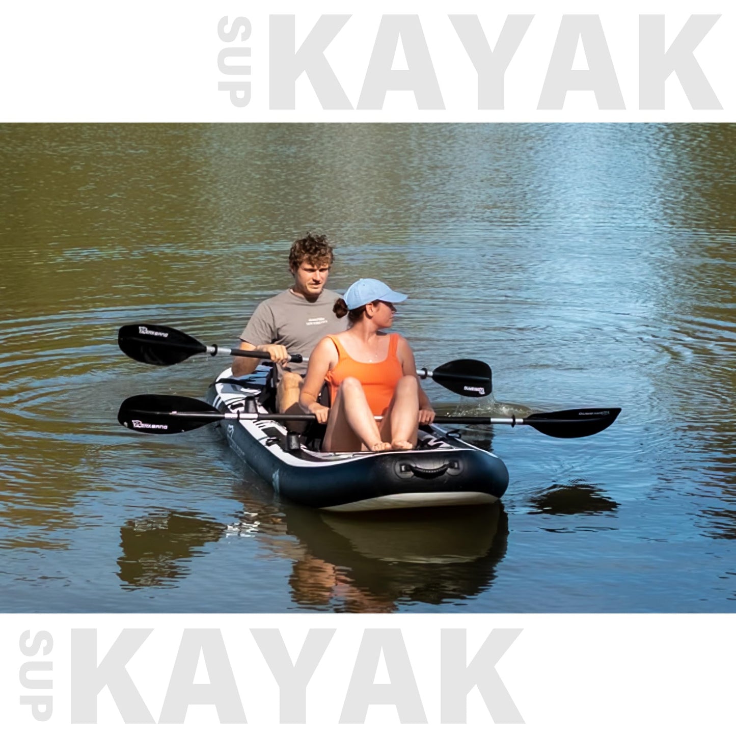 TIGERXBANG 12'8" Inflatable Tandem Kayak, Fishing & Touring, 2 Seats, Adjustable Paddle, Perfect for Family Adventures & Fishing, Includes Backpack & Repair Kit