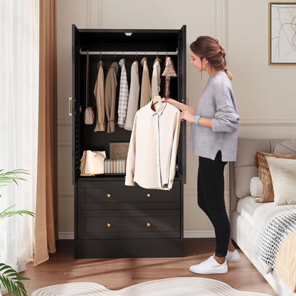 Garvee 65" Louvered Armoire Wardrobe Closet with 2 Doors and 2 Drawers, Large Capacity Storage, Wooden Wardrobe Cabinet with Hanging Rod for Bedroom, Cloak Room, Laundry Room, Entrance Hall, Black