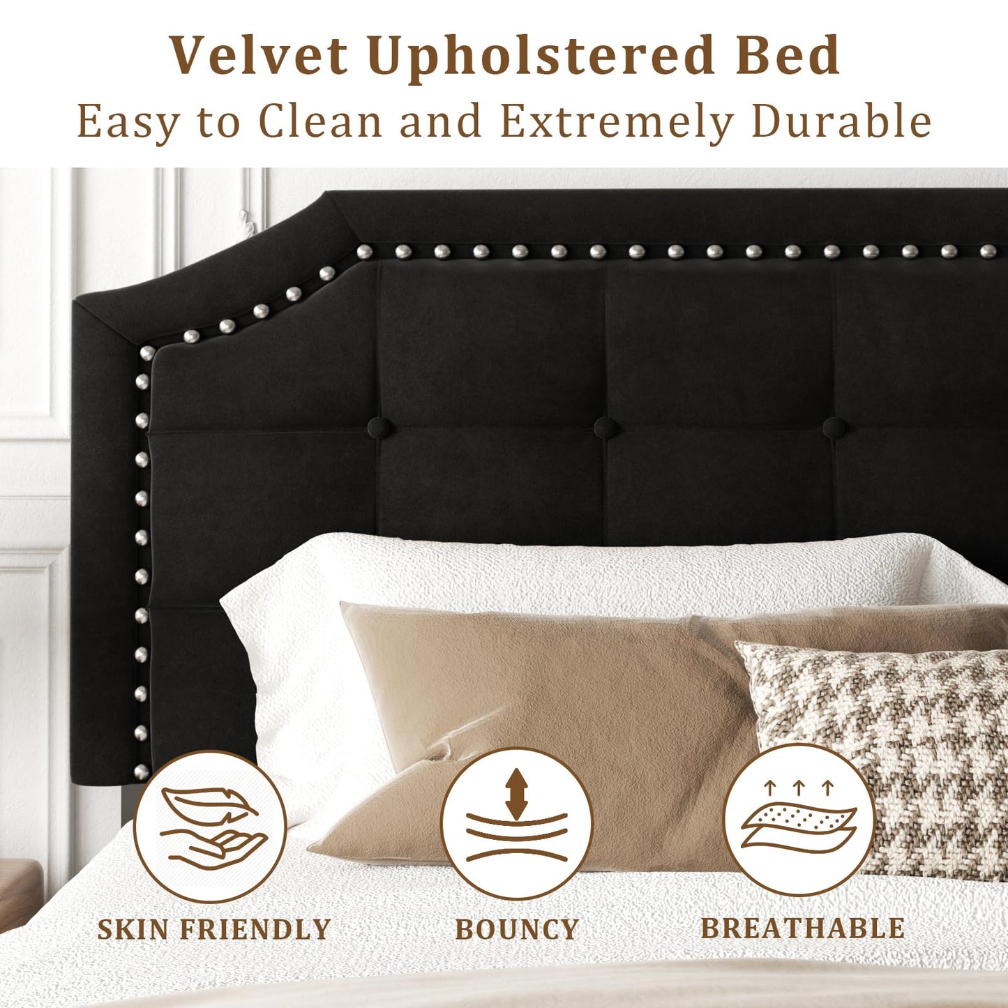 HAOARA King Size Bed Frame, King Size Platform Bed Frame with Upholstered Button Tufted Headboard, Strong Wood Slats, No Box Spring Needed, Mattress Foundation, Easy Assembly Black