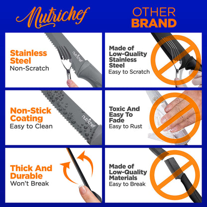 SereneLife Stainless Steel Knife Set, 8 Pcs. - Non-Stick Coating, Sharp Serrated Blades, Professional Kitchen Set, Rust-Resistant, Dishwasher Safe, Ideal for BBQ & Grilling, Gray
