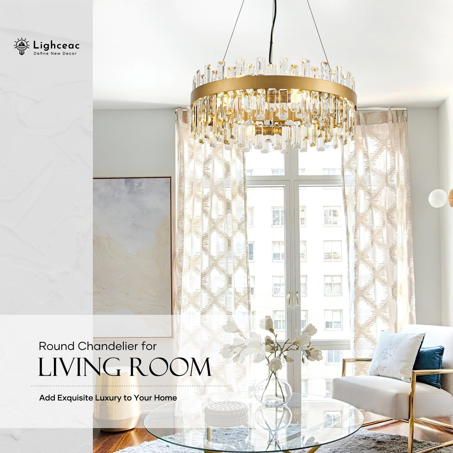 lighceac 21.7" Gold Modern Crystal Chandelier Light Fixtures Luxury 2 Rings Crystal Chandeliers for Dining Room 12-Light Round Hanging Pendant Lighting for Living Room Kitchen Island Entryway Bedroom
