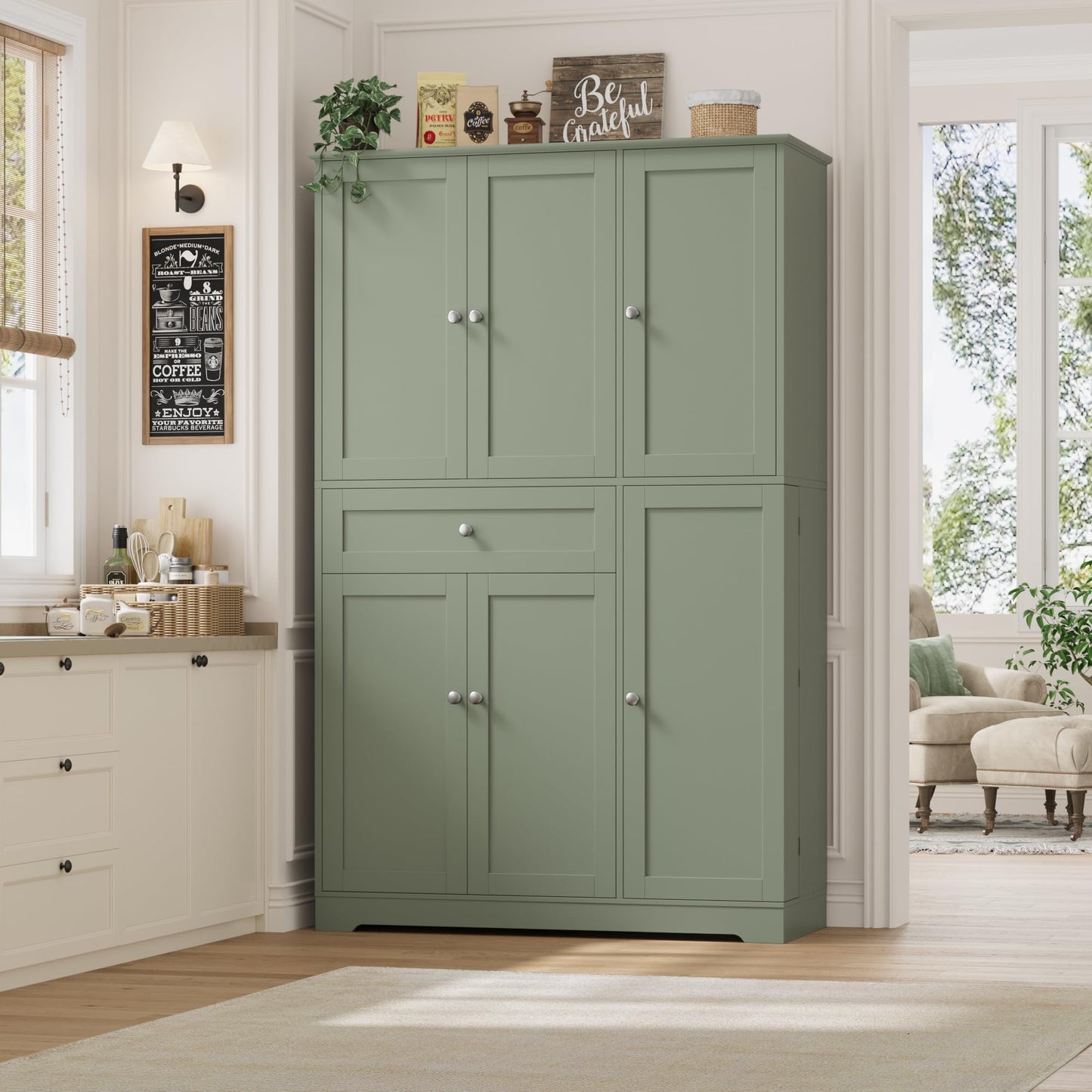 HOSTACK 68" Tall Kitchen Pantry Storage Cabinet, Modern Kitchen Hutch Cabinet with Doors and Shelves, Freestanding Food Pantry with Large Storage Drawer for Dining Room, Living Room, Green