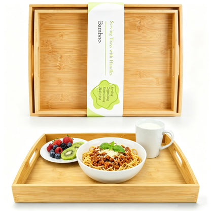 Bamboo Serving Tray with Handles - 2 Pack Wooden Food Tray for Breakfast in Bed, Eating, Decor and Storing - Decorative Trays Platter Use for Kitchen, Ottoman, Living Room, Party and Restaurant
