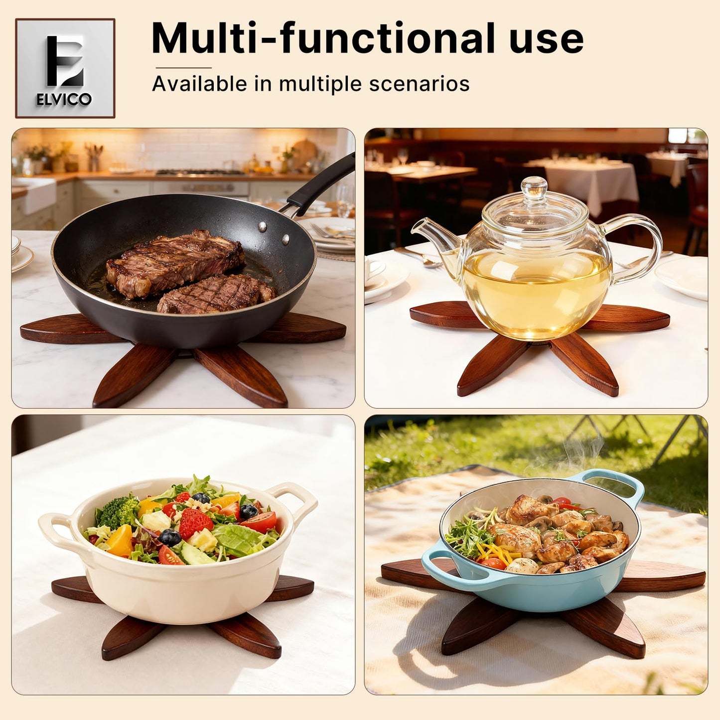 Wooden Trivets for Hot Dishes, Wooden Tree Trivet Set of 4 + 1 Stand Stored Like a Christmas Tree, Premium Heat-Resistant Natural Trivet Set for Kitchen Countertop, Bowl, Teapot