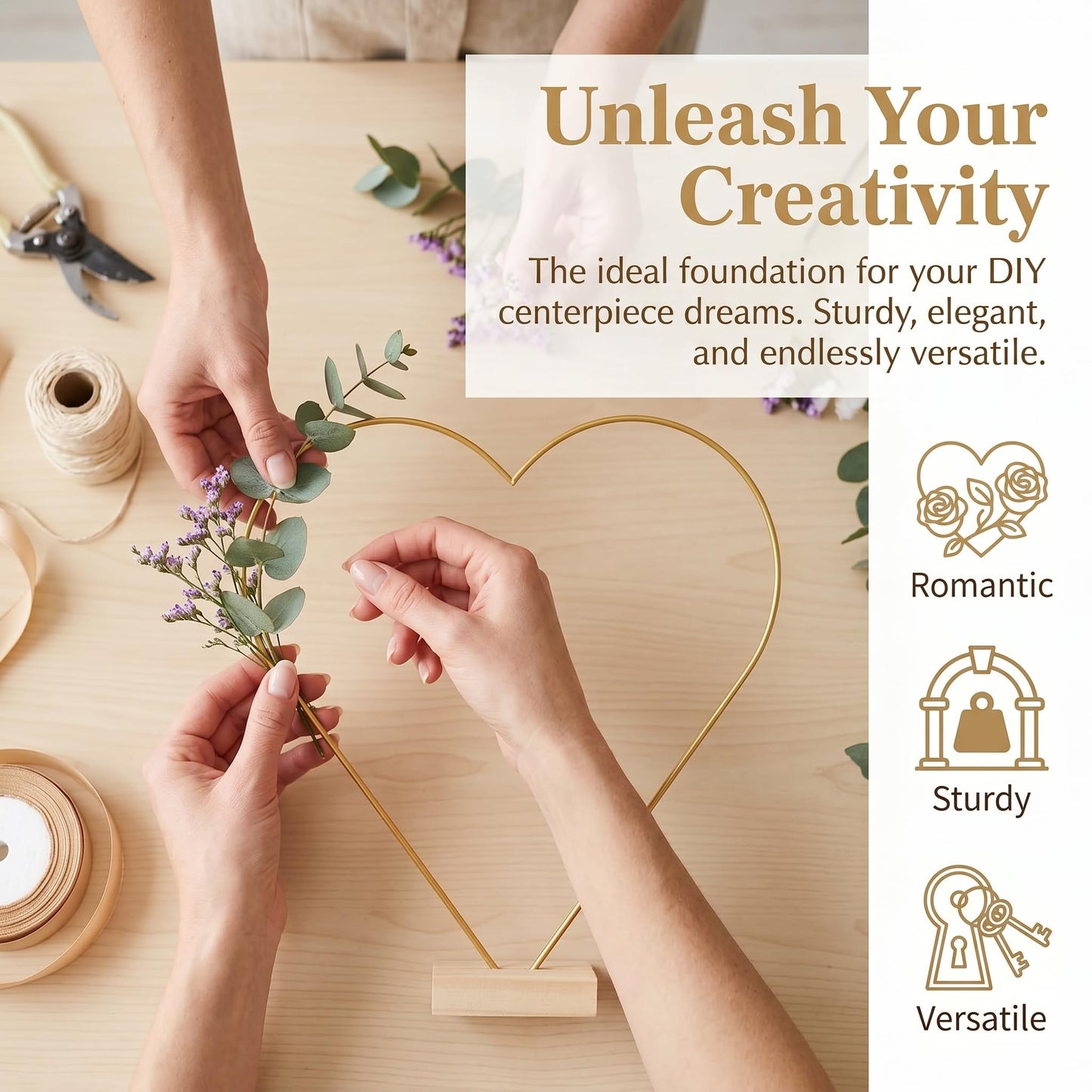 jojofuny 10 Sets Heart Shaped Floral Hoop Centerpiece with Wooden Stand, 9.8" x 10.6" Metal Wreath Rings, Gold Heart Wire Hoops for Wedding Table Decorations, DIY Dream Catcher Craft Kit