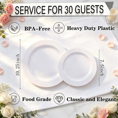 FLOWERCAT 60PCS White Plastic Plates - Heavy Duty White Disposable Plates for Mother's Day/Birthday Party/Wedding -serve for 30 guests Include 30PCS 10.25" & 30PCS 7.5" Plates for Party