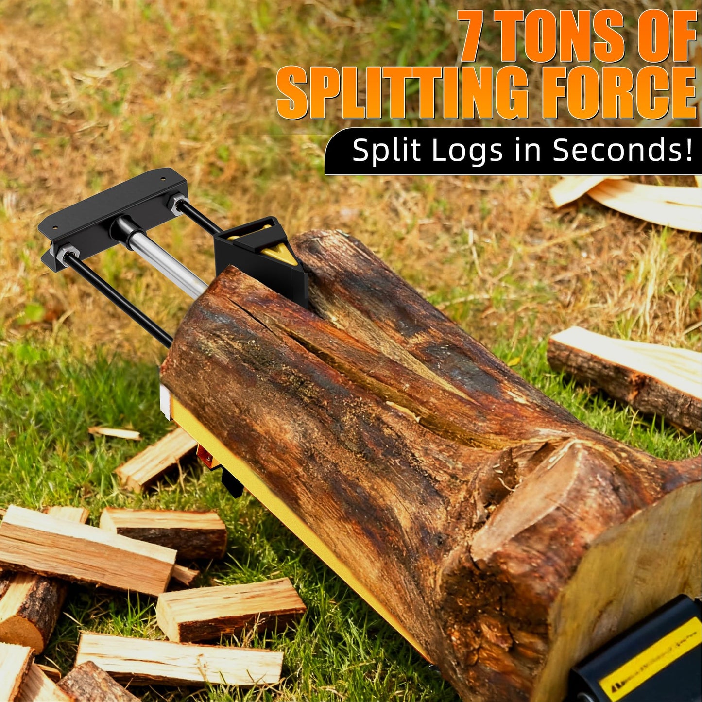 PPOLB 7 Ton Electric Wood Splitter, 15Amp Hydraulic Log Splitter with Detachable Cross Blade Cutting Head, Portable Firewood Splitter, Compact Horizontal Design for Backyard, Garage, Cabin - Yellow