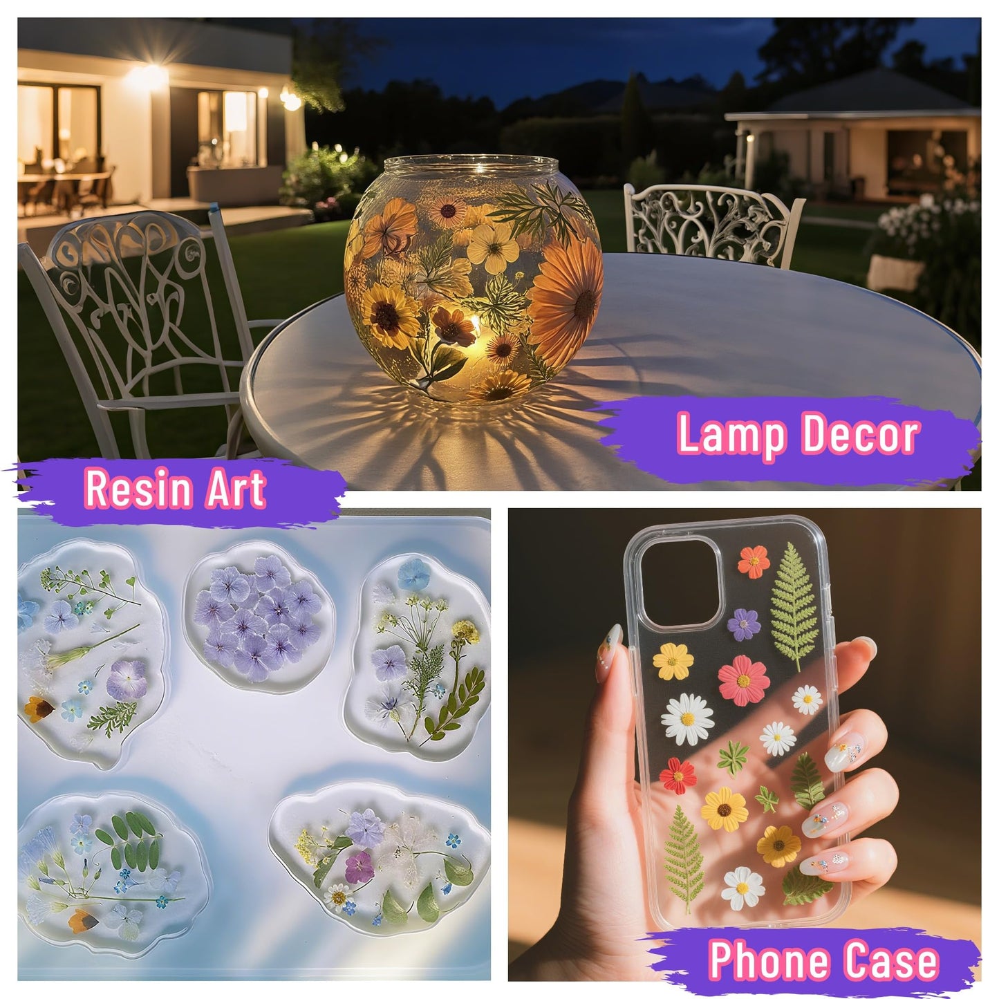 Tessera 160+ Pcs Real Pressed Flowers for Resin & Crafts - 4 Themed Dried Flower Sheets with 4-Piece DIY Tool Kit - for Resin Jewelry Making, Scrapbooking Supplies, Nail Art, Candle & DIY Gifts