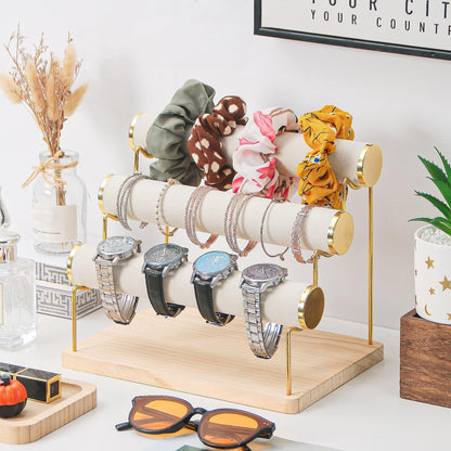 Pengup Bracelet Holder, Bracelet Displays for Vendors, 3 Tier Jewelry Organizer Stand for Selling, Jewelry Necklaces Storage Rack with Wood Base (Beige+Gold)