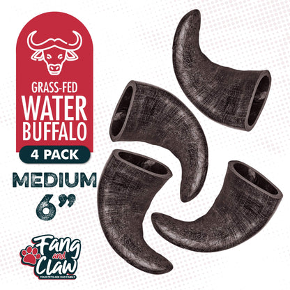 Fang and Claw Water Buffalo Horn Dog Chew 4 Pack (Medium 6 Inch), Long-Lasting Natural Chews for Aggressive Chewers, Single-Ingredient, No Rawhide