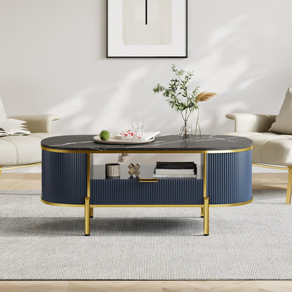 Takywep 48 inch Oval Coffee Table with Drawer, Fluted Modern Faux Marble Top Coffee Table for Living Room, Gold Metal Legs, Center Table for Lounge, Navy Blue