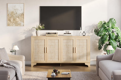 IDEALHOUSE Natural Rattan Sideboard Buffet Cabinet with Storage, Farmhouse Large Rattan Cabinet with 4 Doors, Wood Accent Coffee Bar Buffet Console Tables for Kitchen Living Room Entryway