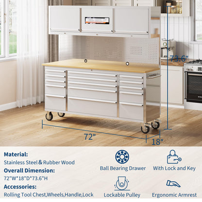 IDEALHOUSE 72 inch Rolling Tool Chest, Garage Workbench with 15 Drawers, Solid Rubber Wood Top & with Wheels Lock Key Locking, Mobile Workstation Tool Cabinet for Workshop Storage