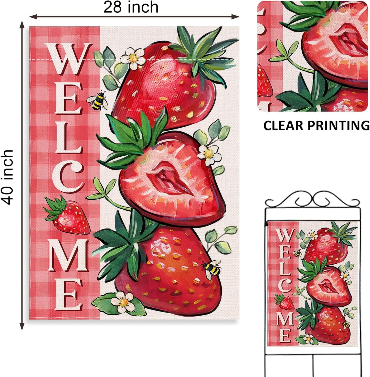 Welcome Spring Summer Strawberry Decorative House Flag, 28 x 40; Red Fruit Plaid Check Farmhouse Garden Yard Outside