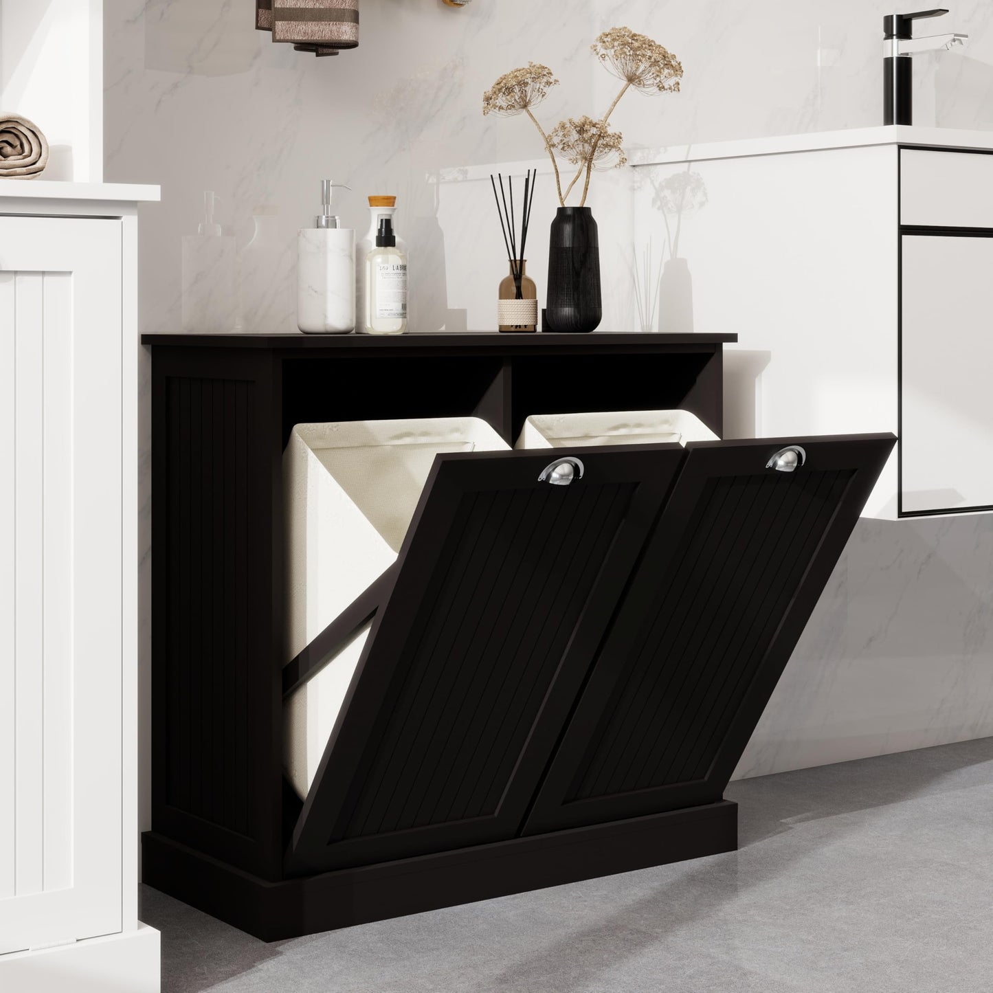 Gecheer Two-Compartment Tilt-Out Laundry Sorter Cabinet - Organized and Easy to Clean Modern Bathroom Storage Cabinet, Bathroom Shelf, Freestanding Cupboard for Living Room LYKW1120139082