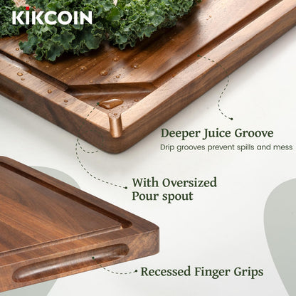 Kikcoin Wood Cutting Boards for Kitchen, 3 PCS Wooden Cutting Board Set with Holder, Chopping Board with Built-In Compartments and Juice Groove, Solid Charcuterie Board Serving Tray Wood Butcher Block