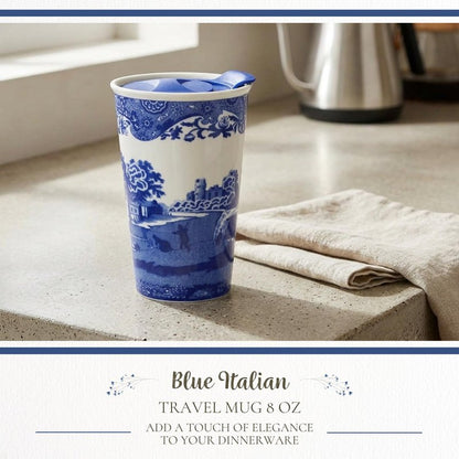 Spode Blue Italian 8oz Porcelain Travel Mug with Lid – Scenic Patterned Drinkware with Decorative Border - Portable Ceramic Coffee Cup for Brunch, Tea, On-the-Go Hot Beverage Moments