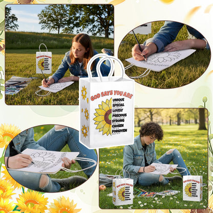 Kolldenn 18 Pcs Sunday School Crafts Religious Coloring Gift Bags VBS God Says You Are Sunflower Bible Verse DIY Craft Kits Christian Color Your Own Bags for Church & Home Activities