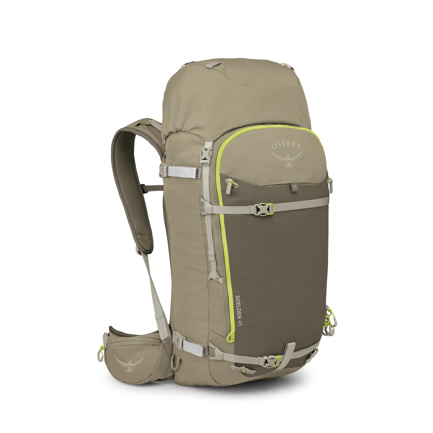 Osprey Soelden 45L Ski and Snowboard Backpack - High-Volume Backcountry Snow Pack for Men - Hut Trip Ready - Helmet Carry - Made with 100% Recycled Nylon, Olive Tan