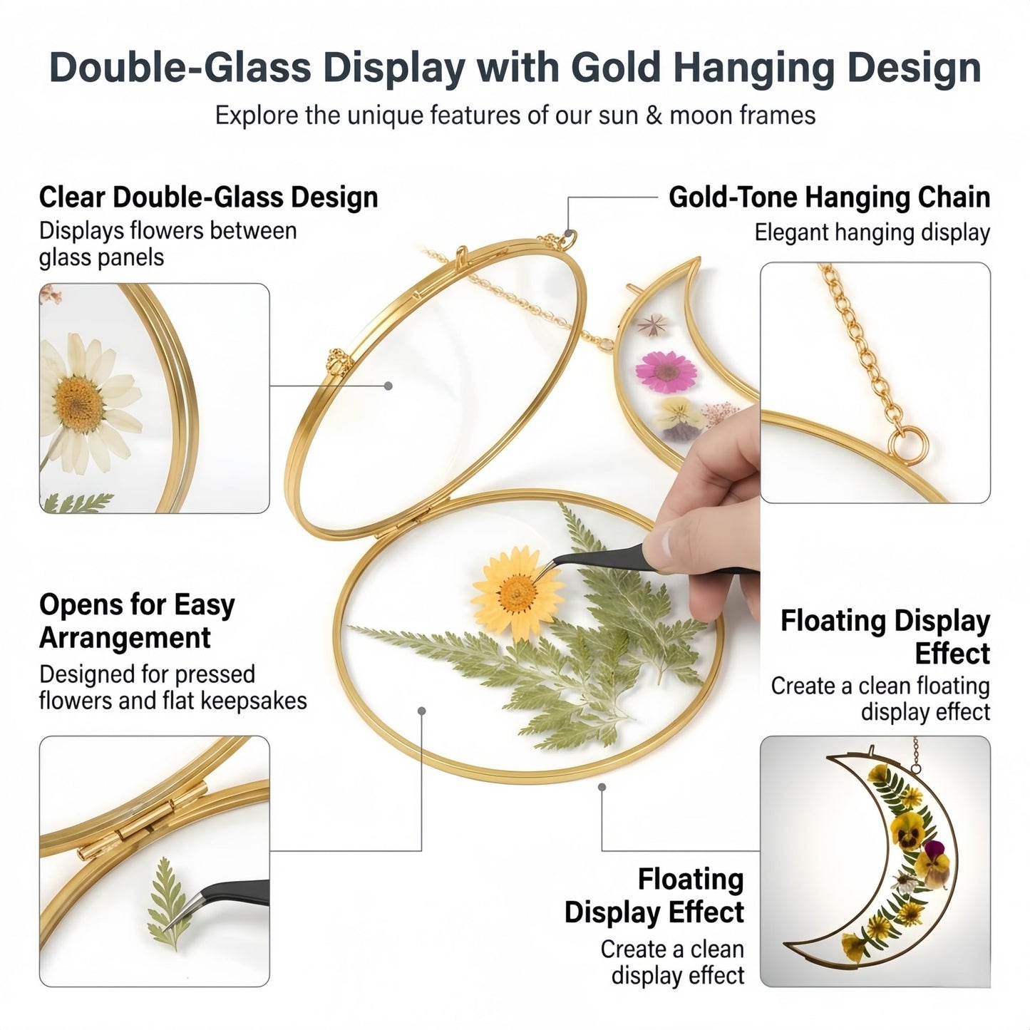 Pressed Flower Frame Kit, Sun and Moon Double Glass Hanging Frames with 68 Dried Flowers, Gold Botanical Wall Decor DIY Craft Kit for Adults, Flower Lover Gift for Mother’s Day & Birthday