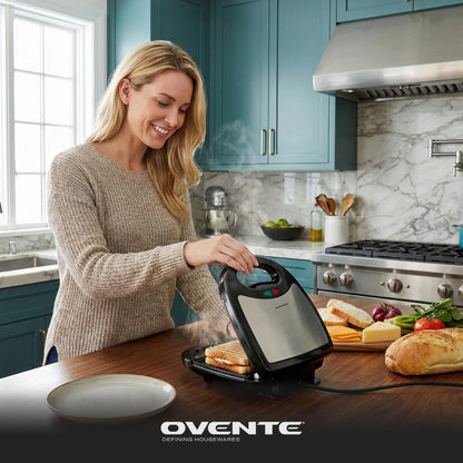 OVENTE 3 in 1 Electric Sandwich Maker, Panini Press Grill and Waffle Iron Set with Removable Non-Stick Plates, Perfect for Cooking Grilled Cheese, Tuna Melts, Burgers, Steaks and Snacks, Black GPI302B