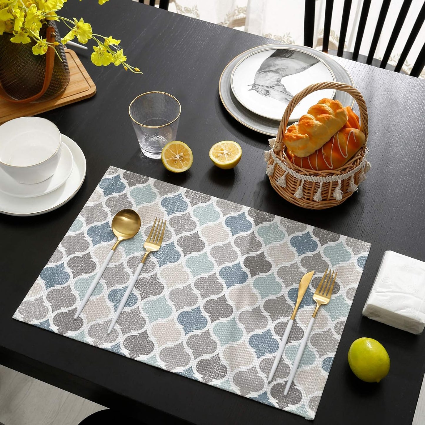 ALAGEO Retro Moroccan Plaid Placemats Set of 6 for Dining Table, Cotton Linen Geometric Quatrefoil Blue Beige Grey