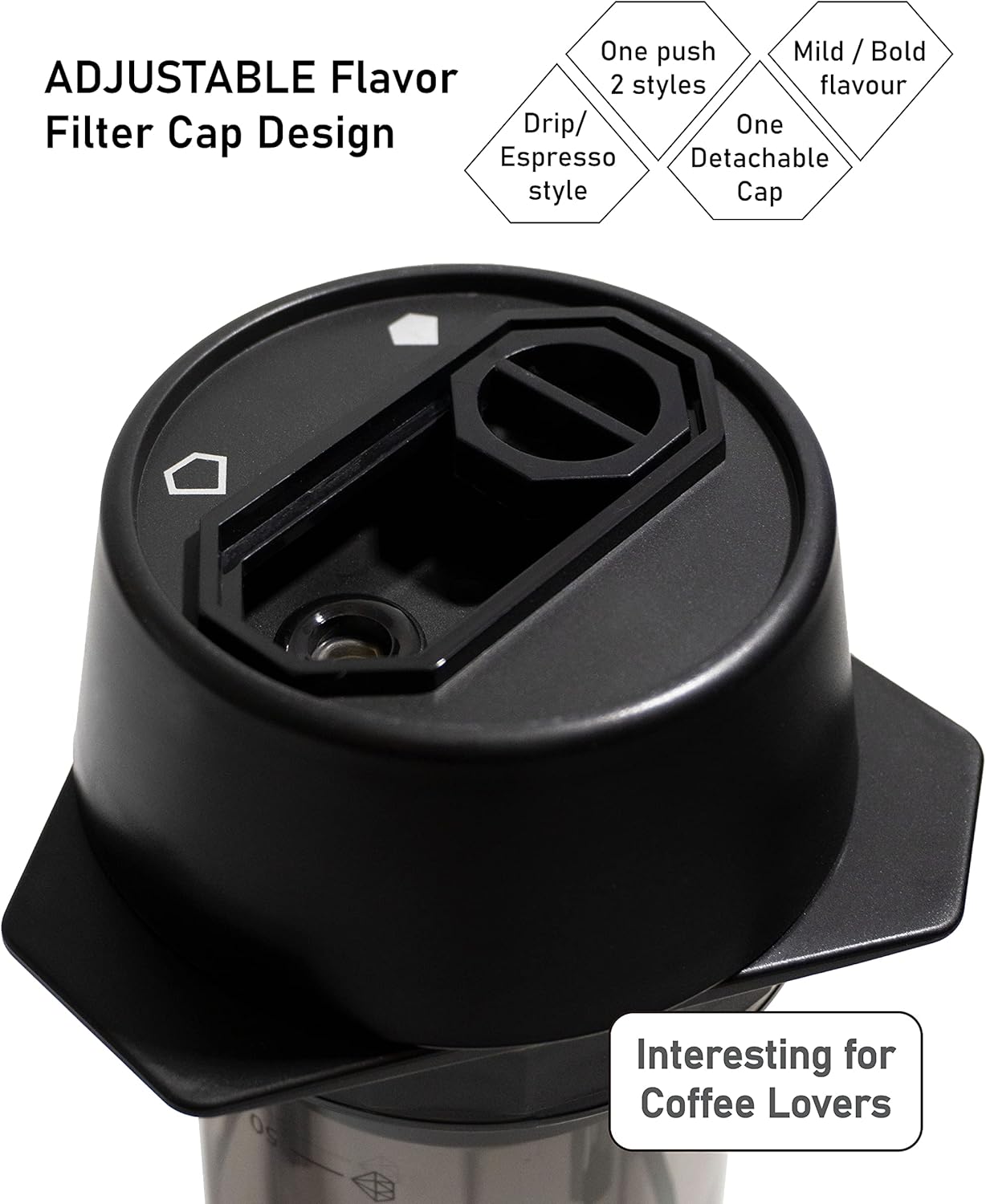 COFFEEOLOGY PRESS, Portable Coffee Maker with Chamber, Plunger, Reusable Filters, Mild and Bold Settings
