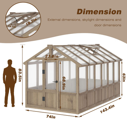 Yardenaler 6x12 FT Greenhouse Kit, Wood Greenhouses with 6MM Thick Polycarbonate Panel for Outdoor, Walk-in Green House with Lockable Door & Adjustable Roof Vent, Backyard, Garden, Light Mocha Brown