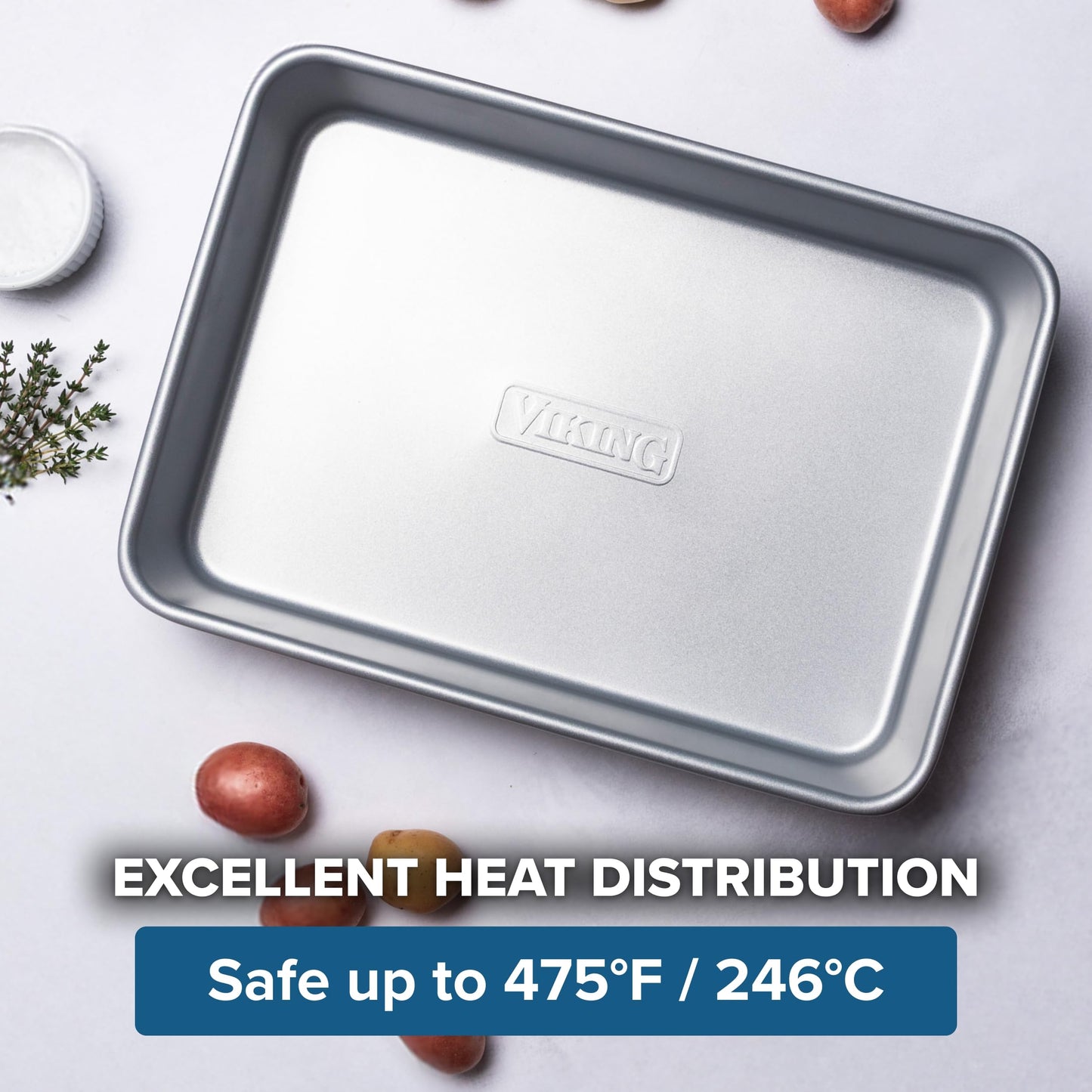 Viking Premium 13 x 9-Inch Nonstick Ceramic Roasting Pan, Made without PFAS, Heavy Gauge Aluminized Steel Baking Pan Sheet with Reinforced Iron Frame, Even Heating Cookware, Oven Safe to 475F, Silver