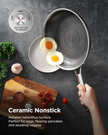 Frying Pans Non Stick, Hybrid Ceramic With Lid, 12 Inch Tri-Ply Stainless Steel Skillet, Non-Toxic, PFAS/PFOA/PTFE Free, Metal Utensil Safe, Dishwasher & Oven Safe