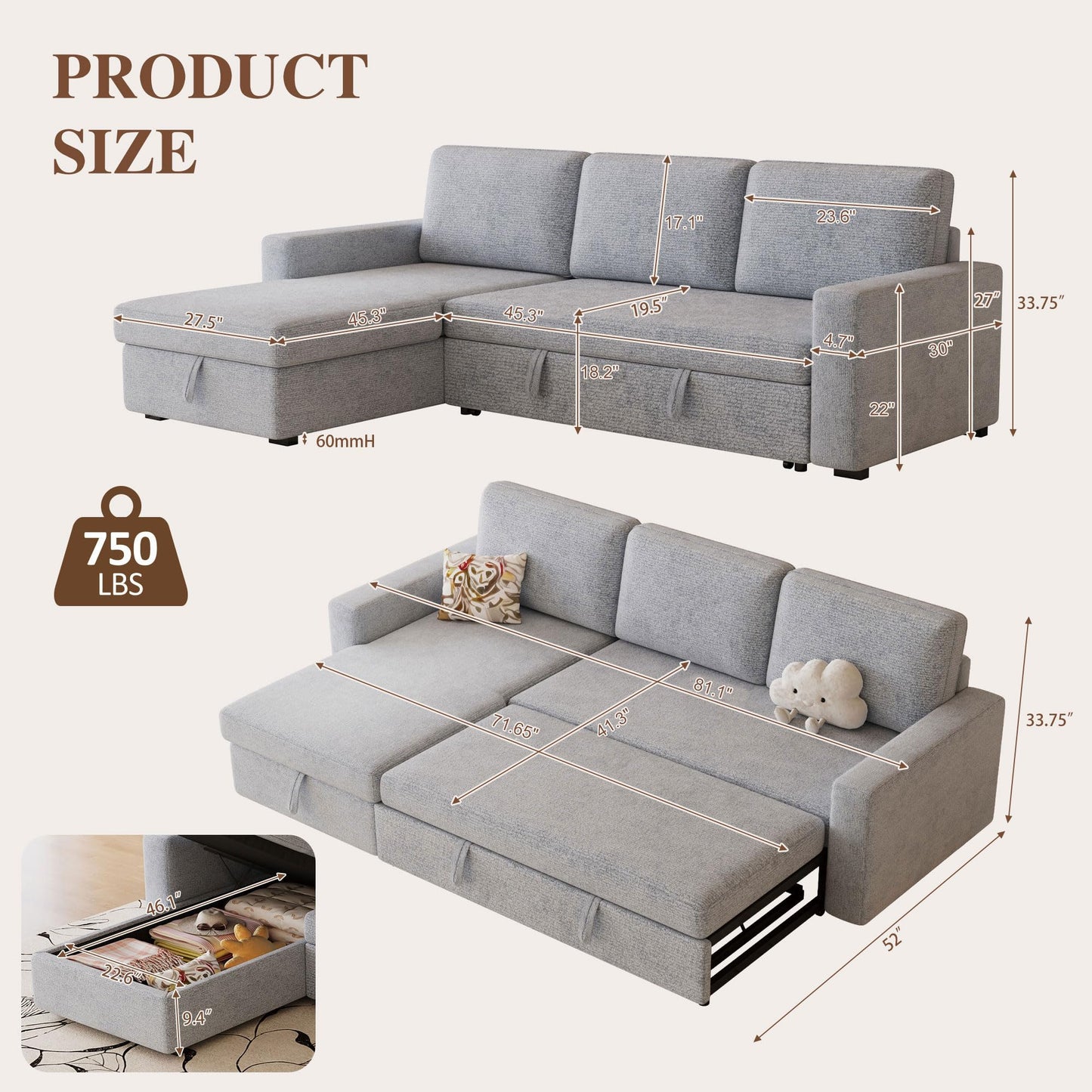 FAVSH 81.5" Convertible L Shaped Sleeper Sofa, 3-Seat Pull Out Sectional Couch with Storage Chaise & Removable Cushions, Chenille Fabric for Small Living Room Apartment, Light Gray