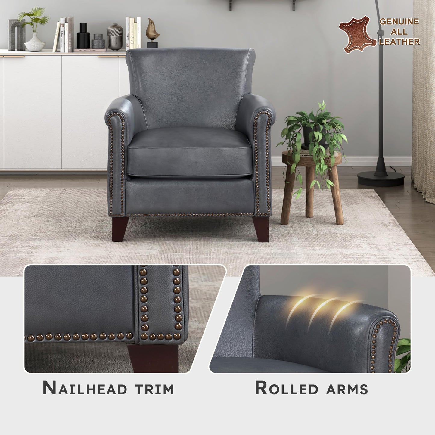 Lexicon 100% Top Grain Genuine Leather Chair, Leather Accent Chairs for Living Room, Solid Wood Frame, Rolled Armrest & Nailhead Trim, Comfy Reading for Bedroom, Office, Waiting Room, Burnish Gray