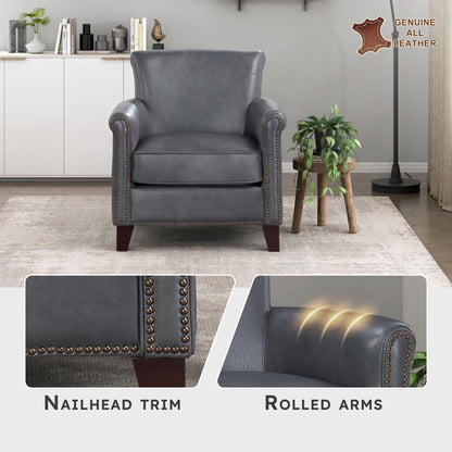 Lexicon 100% Top Grain Genuine Leather Chair, Leather Accent Chairs for Living Room, Solid Wood Frame, Rolled Armrest & Nailhead Trim, Comfy Reading for Bedroom, Office, Waiting Room, Burnish Gray
