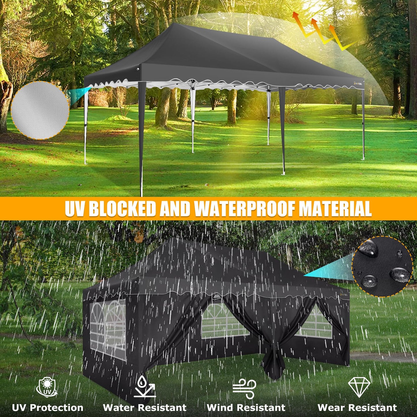 HOTEEL 10x20 Pop Up Canopy with 6 Sidewalls, Easy Setup Party Tent with Wheeled Bag, 4 Weight Bags, Silver Coated Event Shelter for Backyard, Vendor Booths, Black
