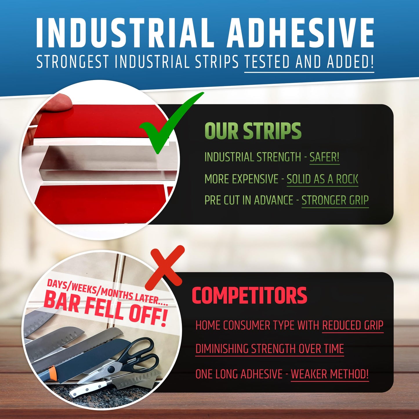 17" Strong Adhesive (No Drill) Magnetic Knife Holder for Wall - Professional Knife Strip - No Screws Needed - Adhesive Backing - Stainless Steel Knife Bar (Upgraded Version – Will Not Fall)