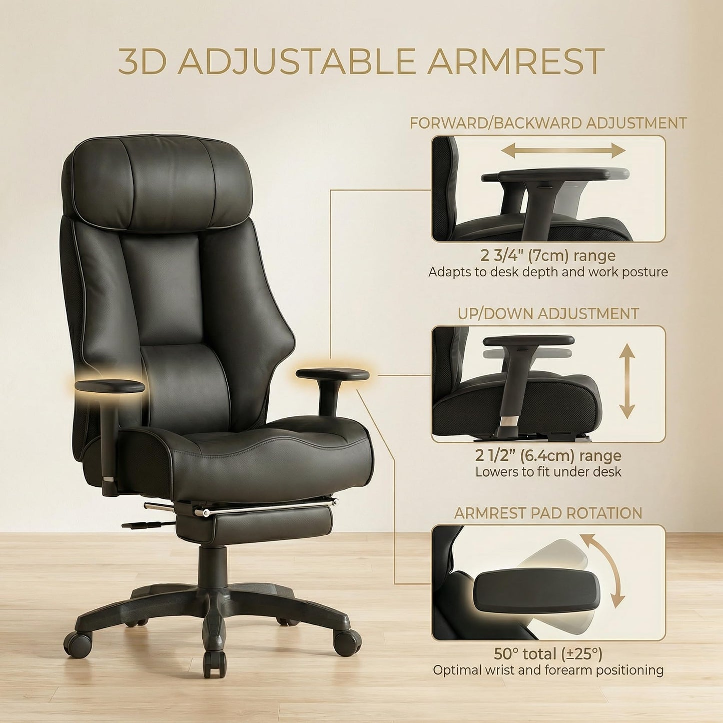 EXCEBET Big and Tall Office Chair 500lbs - 22.4" Extra Wide Seat Ergonomic Executive Chair, Heavy Duty High Back Leather Office Chair with Footrest, Lumbar Support & Adjustable Arm (All Black)