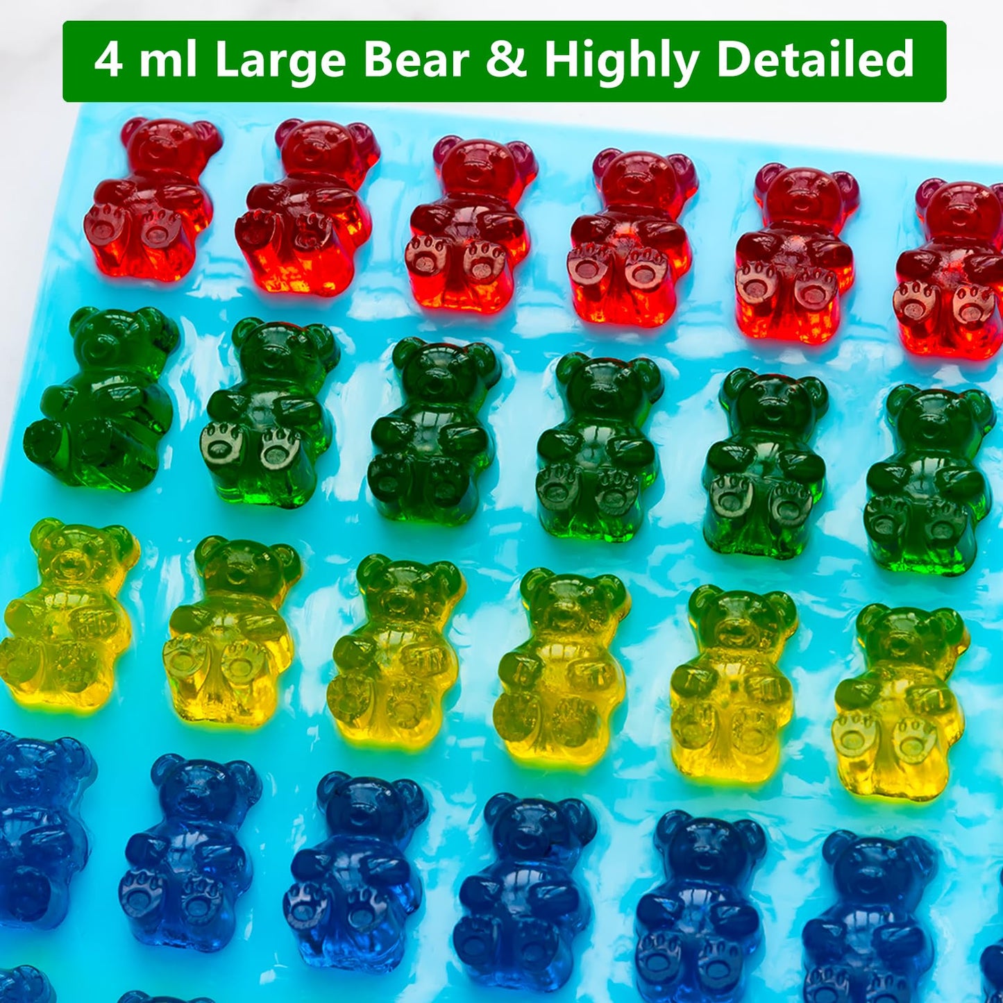 HKUCFTT Large Gummy Bear Molds 4 ml - Food-Grade Non-Stick Silicone Candy Chocolate Molds Fruit Snacks Molds BPA-Free with 2 Droppers & 1 Cleaning Brush, Set of 4