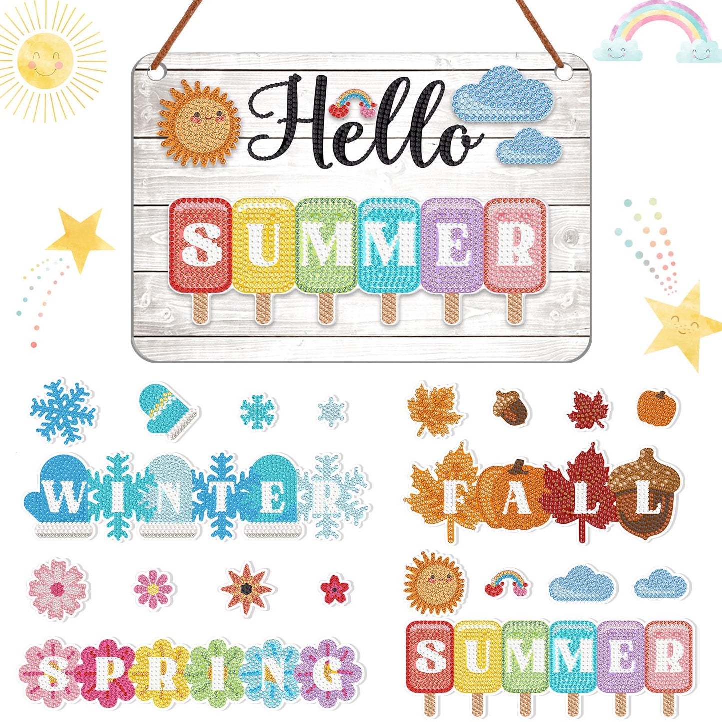 MiniInflat Hello Spring Interchangeable Sign Seasonal Diamond Art Painting Kits with 20 Interchangeable Magnetic Decor Farmhouse Spring Wall Hanging Diamond Painting Sign for Home Decoration(White)