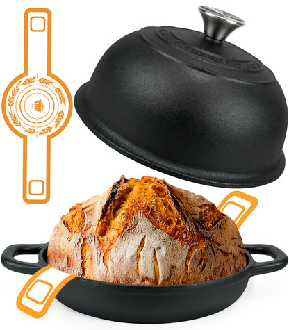 5QT Pre-Seasoned Cast Iron Dutch Oven For Bread Baking, Dutch Oven with Domed Lid, Sourdough Bread Baking Supplies, Multi-Functional Bread Pan For Baking, Frying, Roasting
