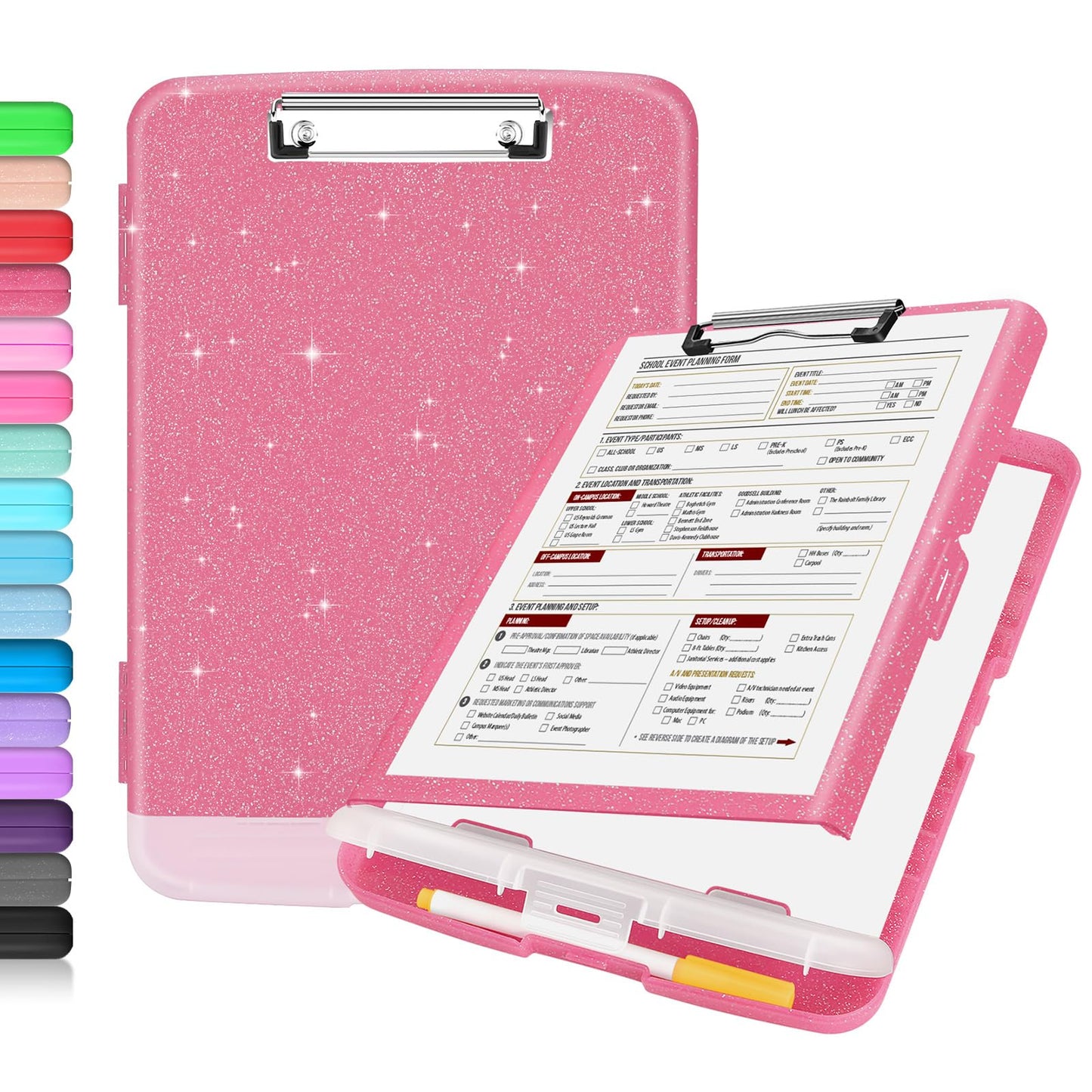 Sooez Glitter Clipboard with Storage, High Capacity Clip Boards 8.5x11 with Pen Holder, Cute Clipboards with Low Profile Clip, Sparkle Plastic Organizer Case Box for Women & Kids, Side Opening