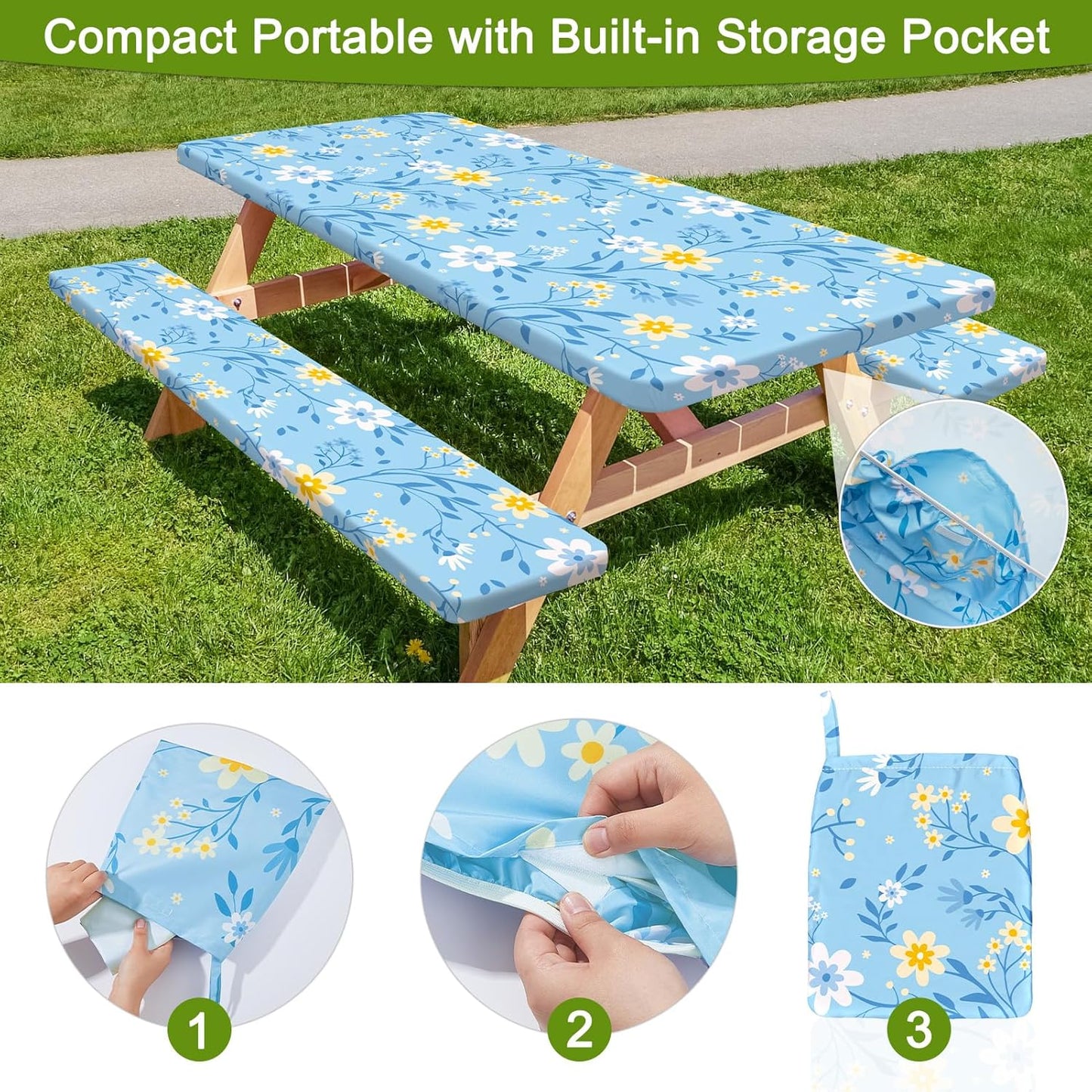 HobbLab Rv,72in,Light Picnic Table Cover with Bench Covers Portable Table Cloth Built-in Storage Pocket Fitted