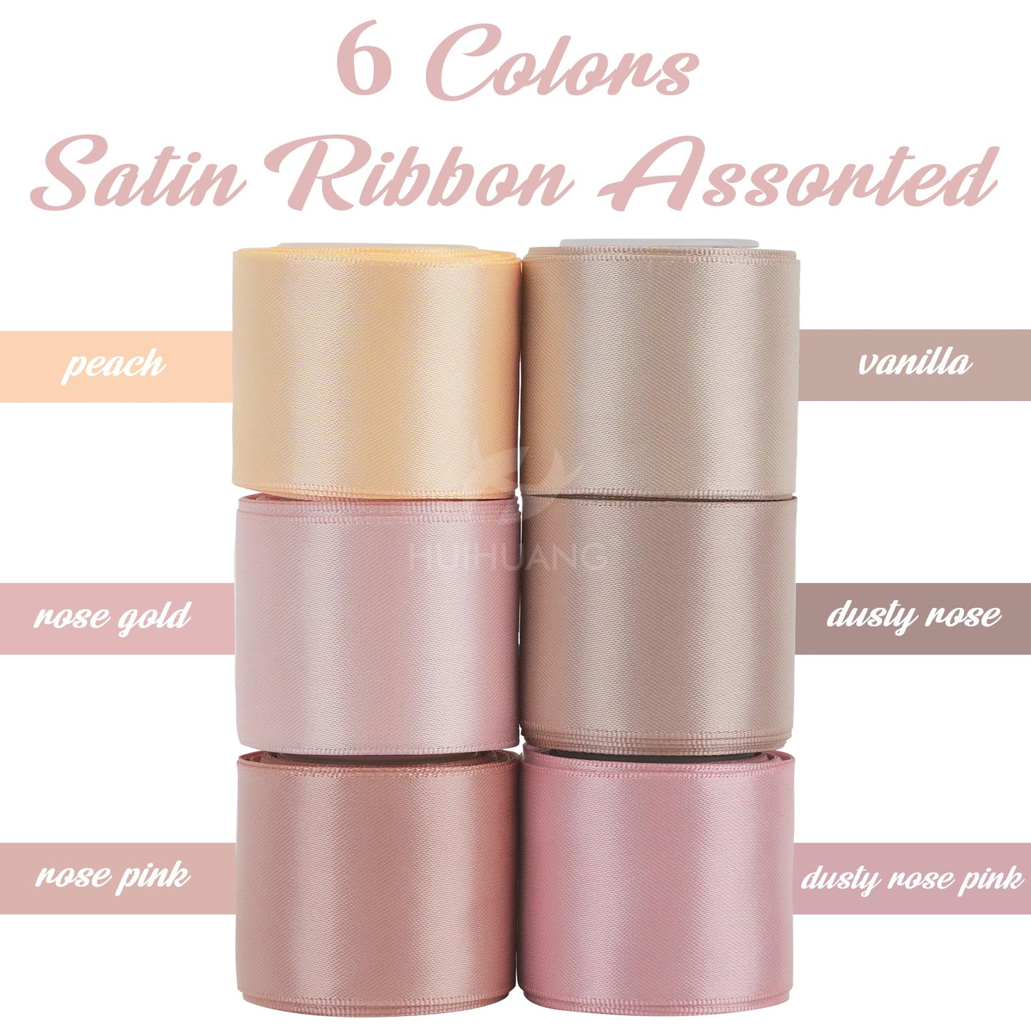HUIHUANG Rose Pink Ribbon 1-1/2" Dusty Rose/Rose Gold/Rose Pink/Rosy Mauve/Vanilla/Peach Satin Ribbons for Wedding Flower Bouquet Bows Bridal Gift Wrap and Crafts- 6 Rolls, Total 30 Yards