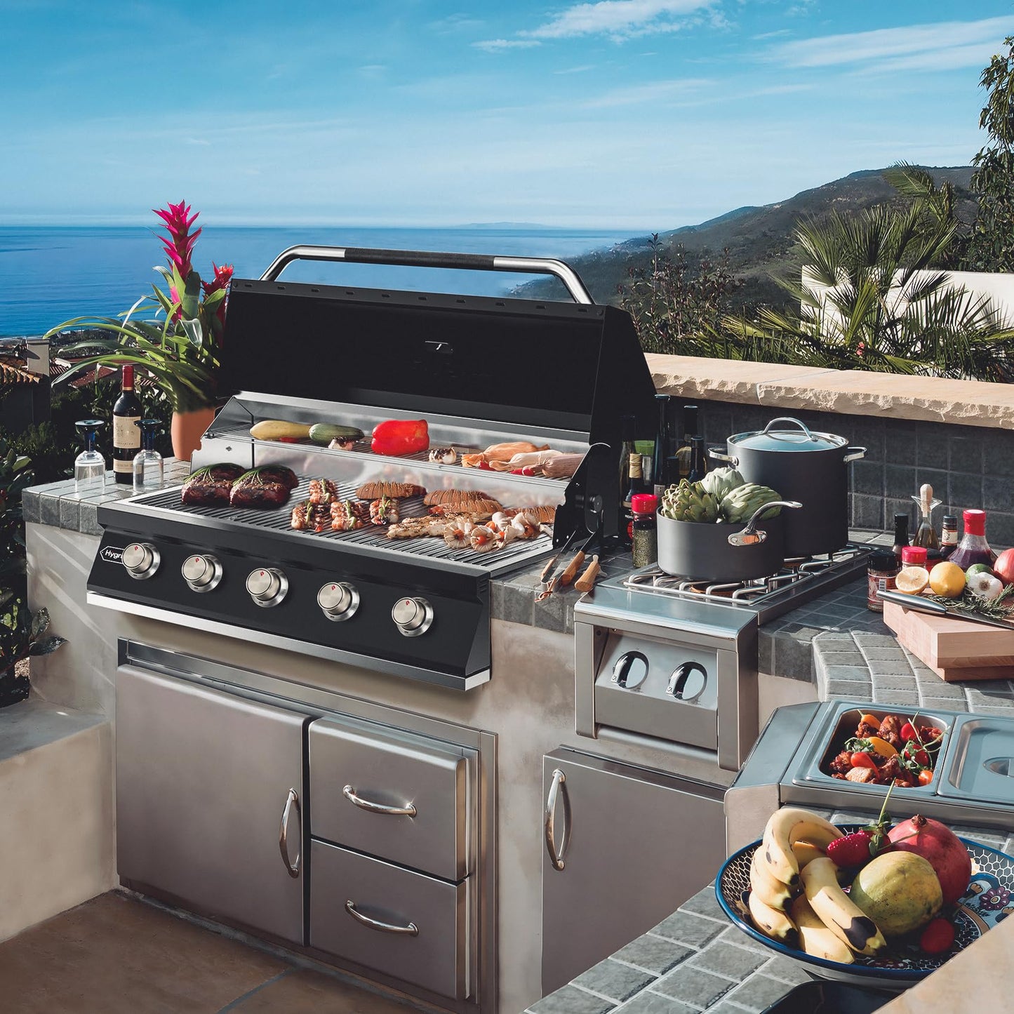 Hygrill STD Series 40-Inch Built In Grill for Natural Gas, Stainless Steel Outdoor Kitchen 5-Burner Grill Head, Black