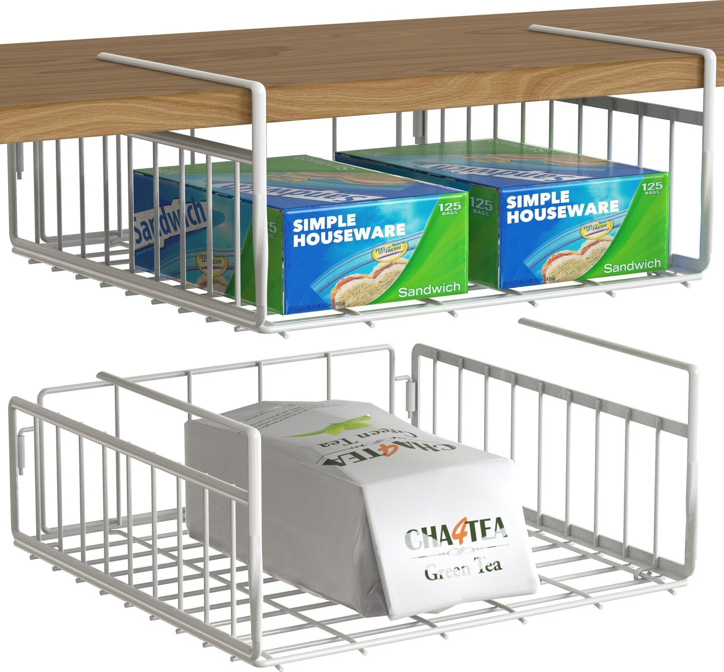 Simple Houseware Under Shelf Basket, White – 2-Pack Space-Saving Storage Organizer for Kitchen, Pantry, Closet, Office – Wire Metal Shelf Organizer, No Tools Required