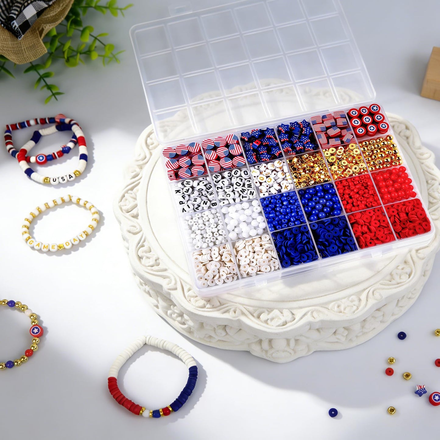 YXFEIR 2480pcs Clay Beads & Charms Jewelry Making Kit, 4th of July White Red Blue Beads Bracelet with Clay Beads Glass Seed Beads, Patriotic-Themed Bracelet Making Kit with Letter Beads and Charms
