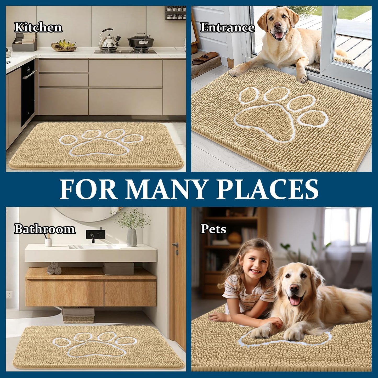 OLANLY Dog Door Mat - Absorbent Non-Slip Chenille for Muddy Paws | 59x24 Beige Paw Print Design