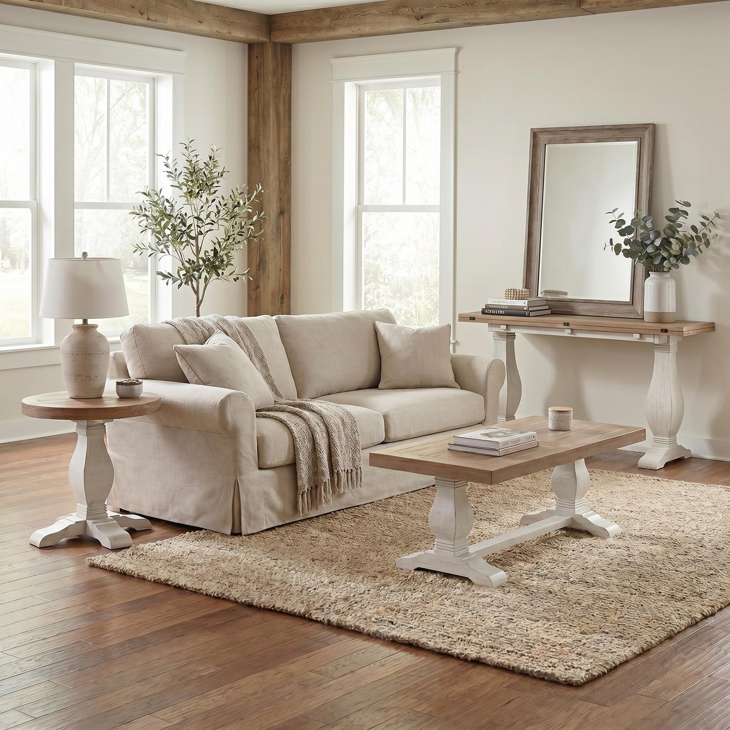 Martin Svensson Home Napa Solid Wood Pedestal Flip-Top Sofa Console Table, White and Driftwood, 60 inches x 18 inches x 30 inches