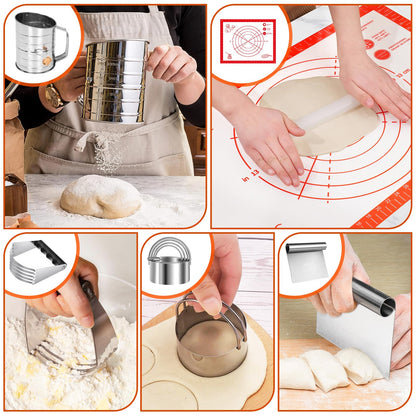 9PCS Stainless Steel Pastry Blender Set, 3 Cup Flour Sifter, Biscuit Cutter, Pastry Cutter, Dough Cutter, Silicone Baking Mats, for Cooking Cookies and Donuts, Cakes, Biscuits or Making Pancakes