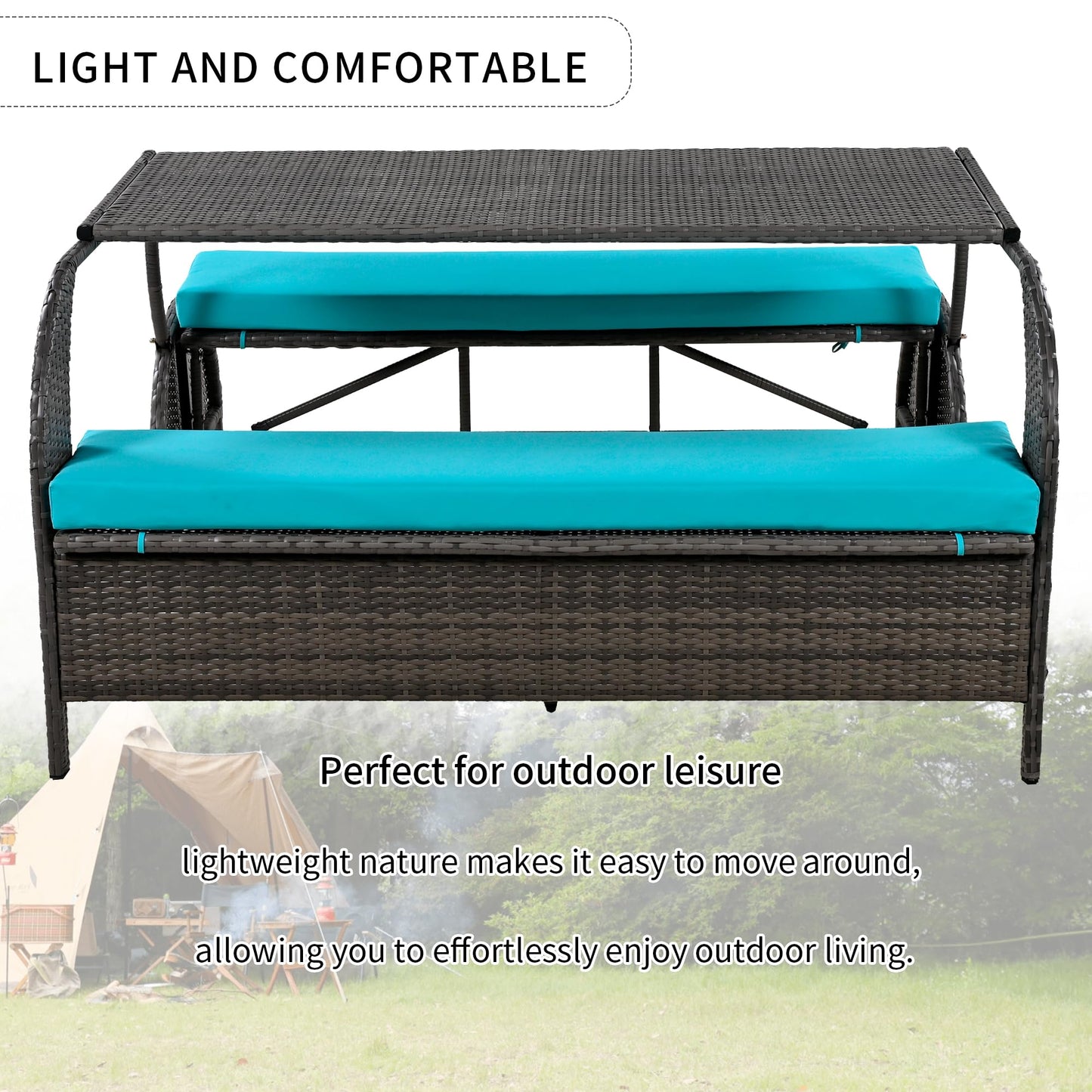 Llsmnba 2-in-1 Outdoor Convertible Bench to Picnic Table, Loveseat Sofa Set with Cushions, Patio Dining Furniture Set, Blue Cushion