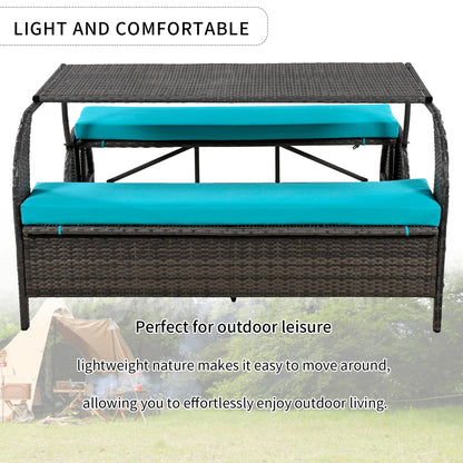 Llsmnba 2-in-1 Outdoor Convertible Bench to Picnic Table, Loveseat Sofa Set with Cushions, Patio Dining Furniture Set, Blue Cushion